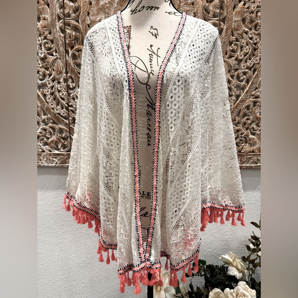 Poncho Style White & Fringe Cover-Up, Lightweight, Super Soft, Bright Trim